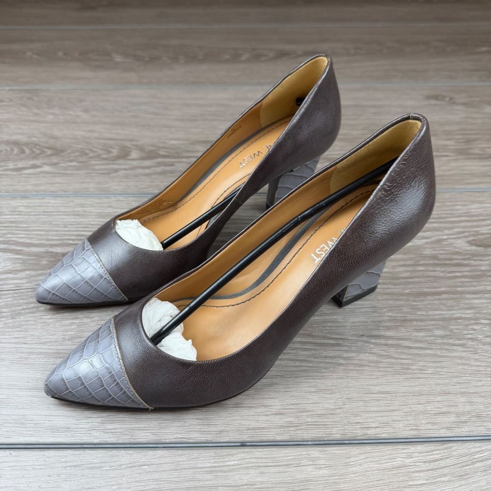 Nine West Womens Pumps Croc Embossed Cap Toe Block Heel Brown Grey 7M
